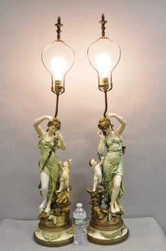 Antique French L&F Moreau Painted Metal Figural Mother & Child Table Lamps Pair