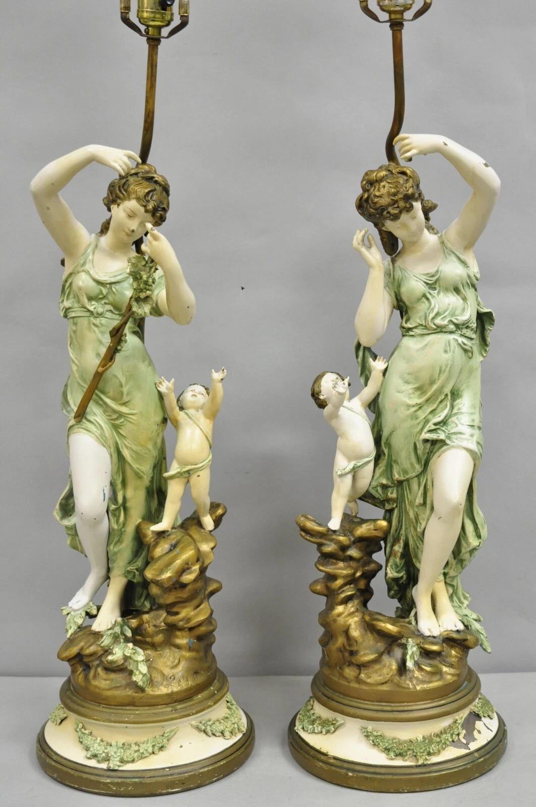 Renaissance Antique French L&F Moreau Painted Metal Figural Mother & Child Table Lamps Pair For Sale