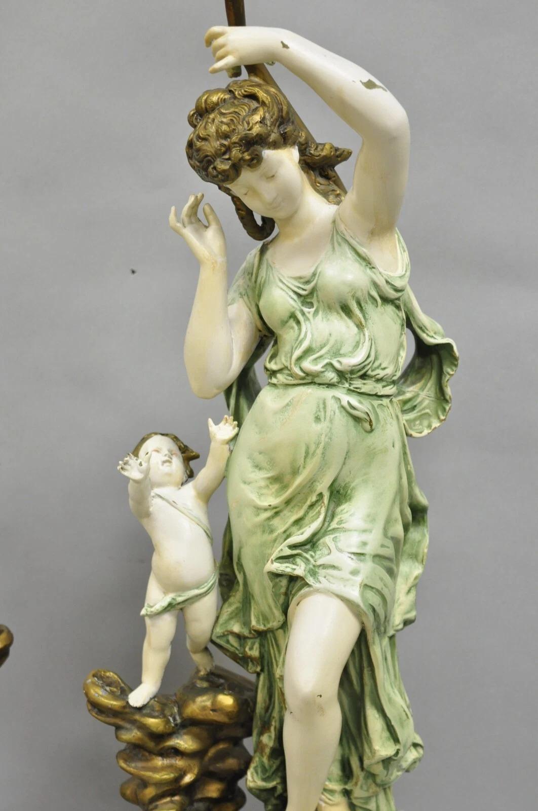 Antique French L&F Moreau Painted Metal Figural Mother & Child Table Lamps Pair In Good Condition For Sale In Philadelphia, PA