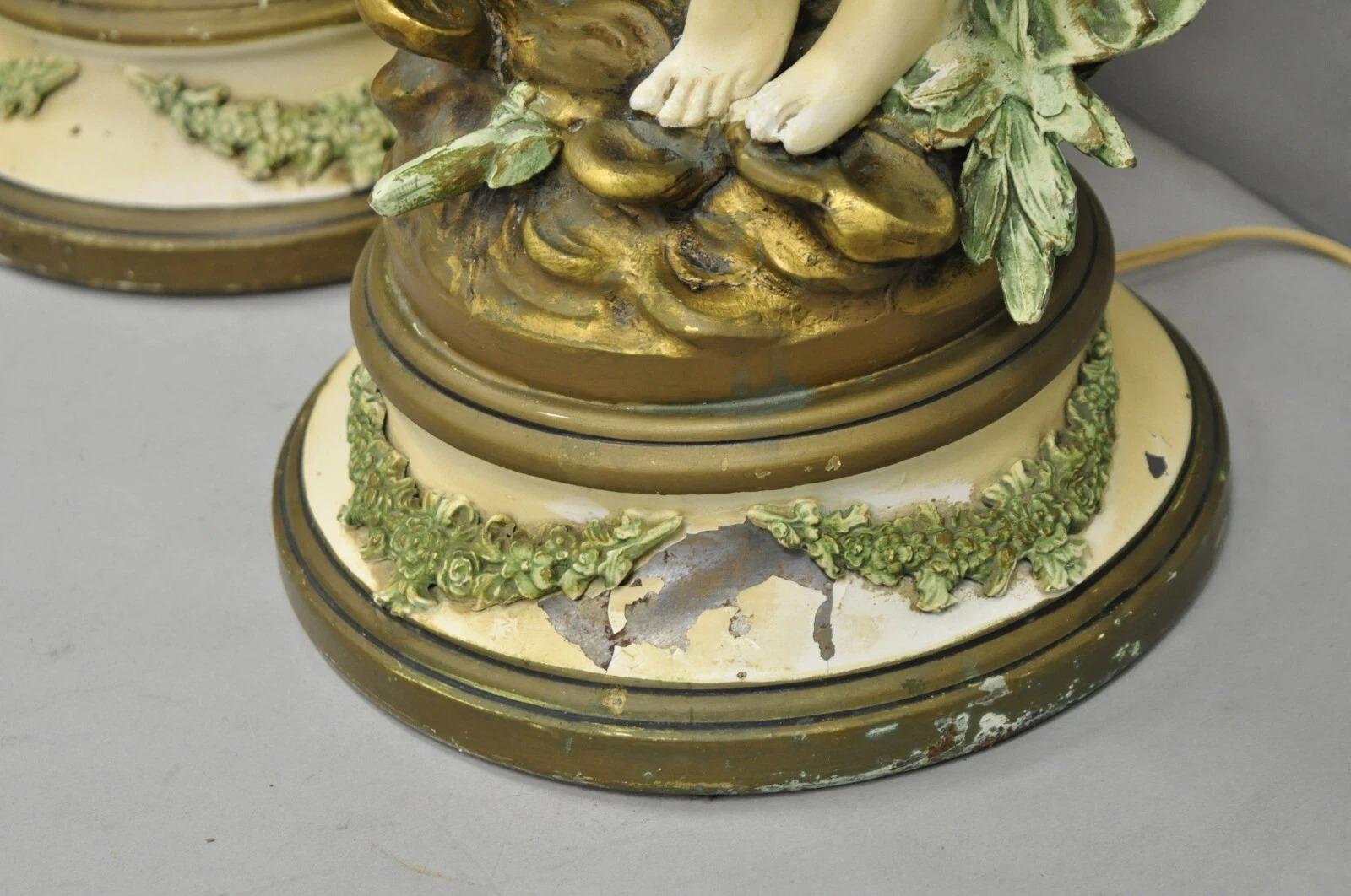 Antique French L&F Moreau Painted Metal Figural Mother & Child Table Lamps Pair For Sale 1