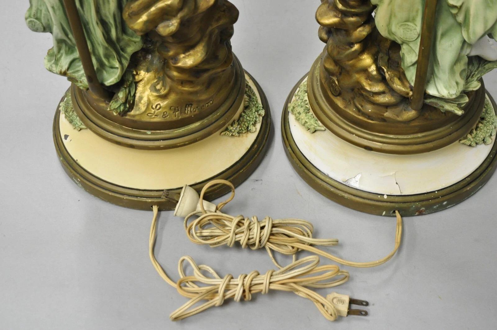 Antique French L&F Moreau Painted Metal Figural Mother & Child Table Lamps Pair For Sale 2