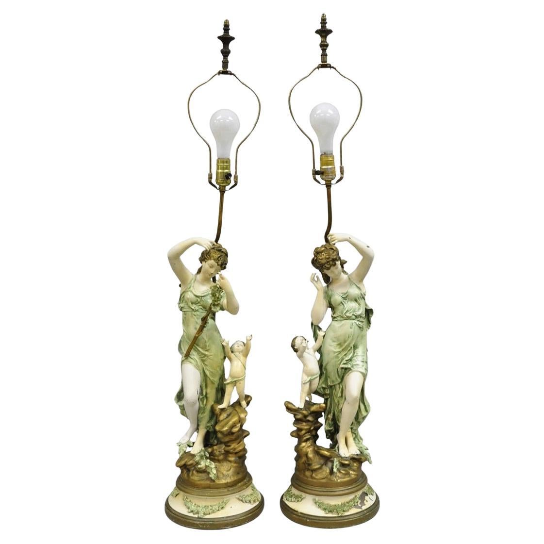 Antique French L&F Moreau Painted Metal Figural Mother & Child Table Lamps Pair For Sale