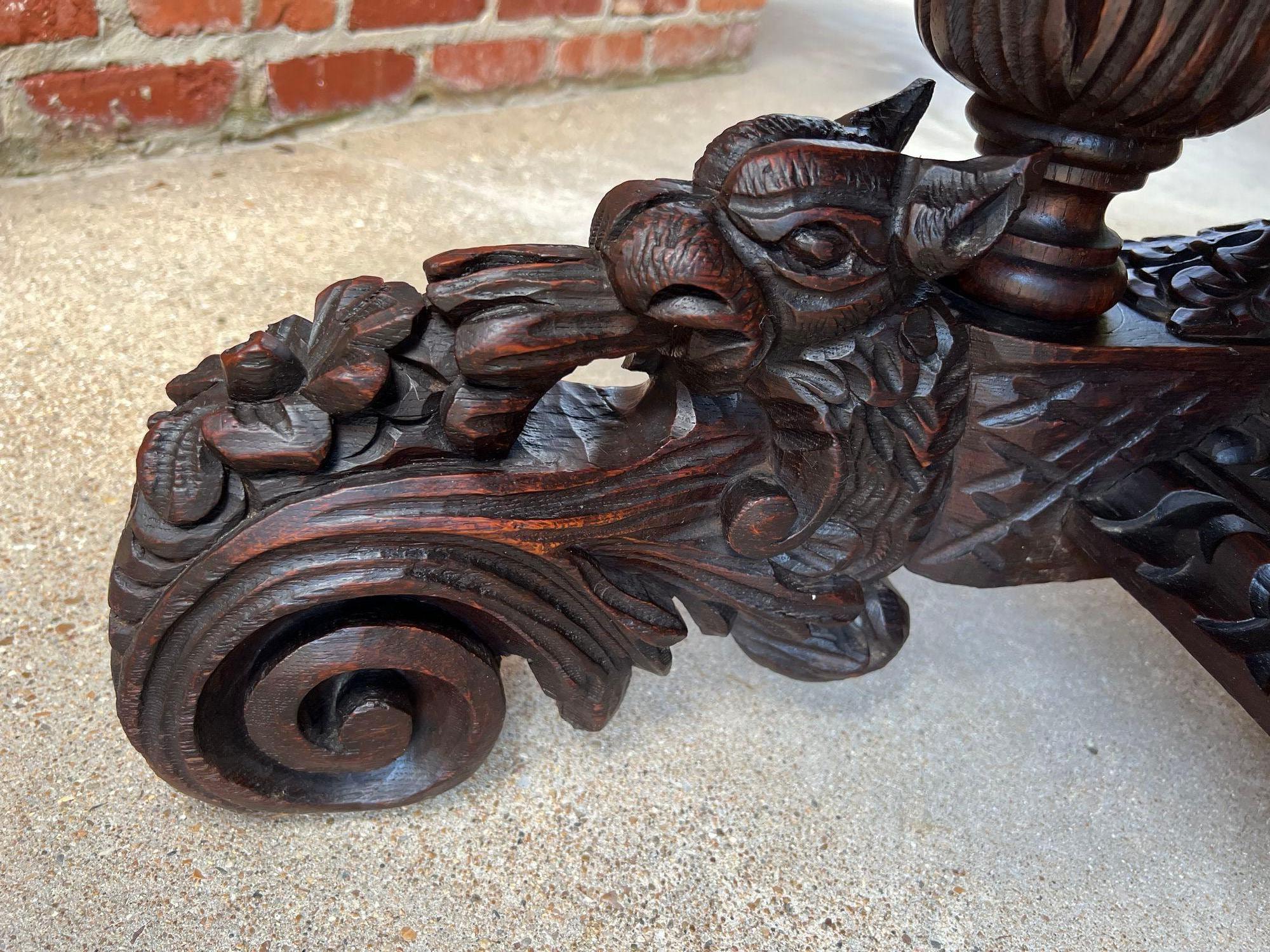 Antique French Library Table Desk Bureau Plat Renaissance Carved Oak Gothic 5