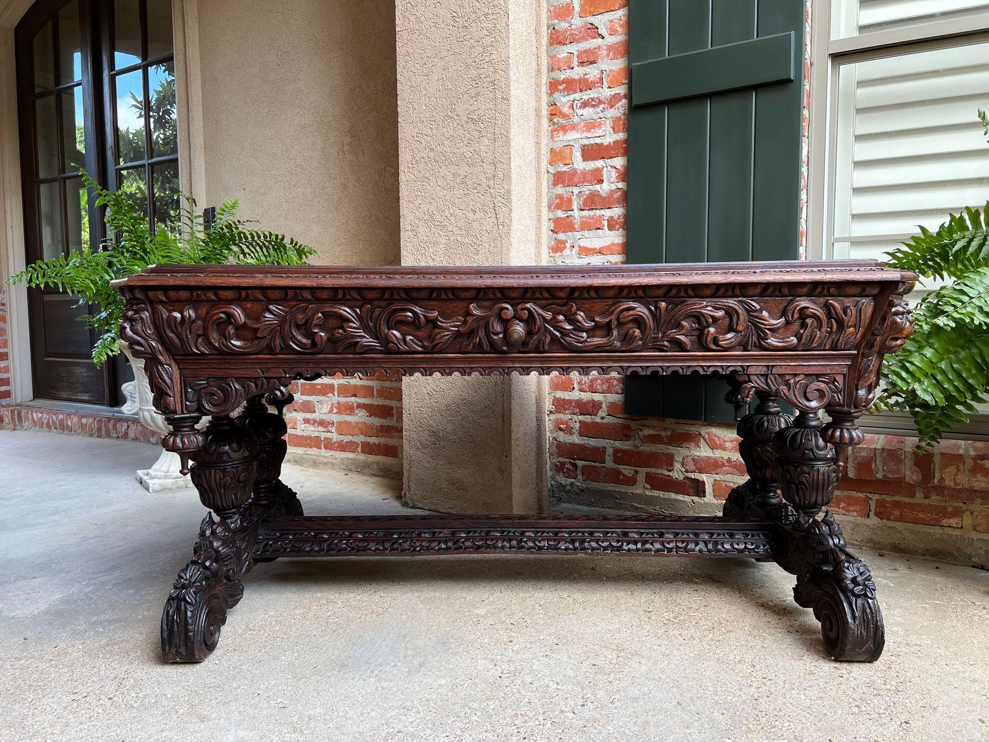 Antique French Library Table Desk Bureau Plat Renaissance Carved Oak Gothic 8