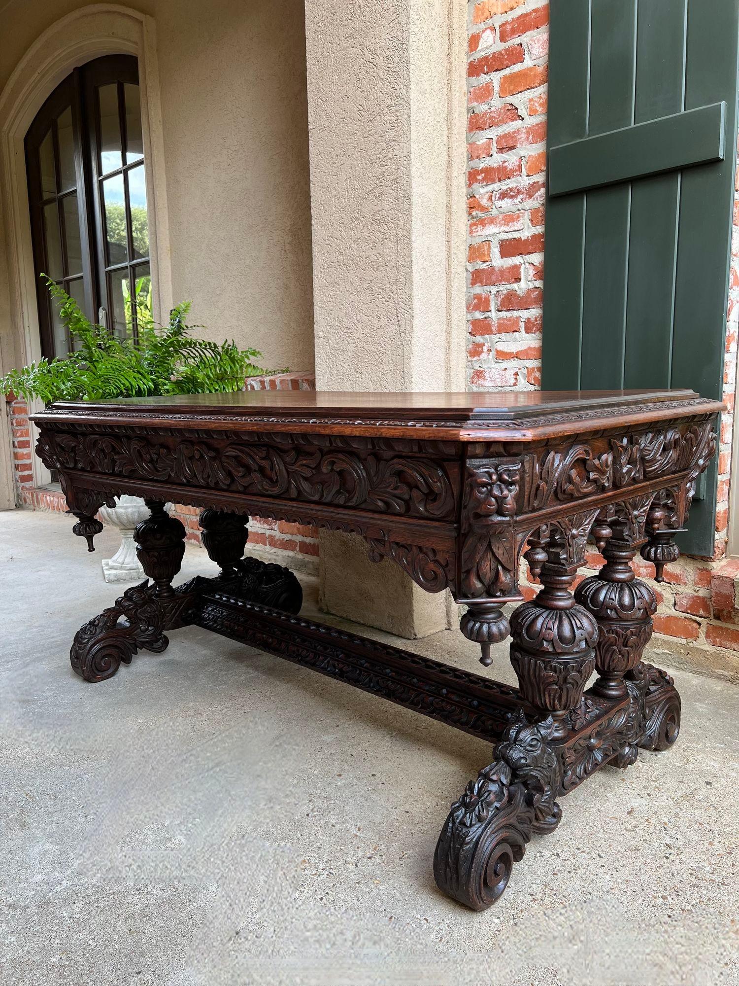 Antique French Library Table Desk Bureau Plat Renaissance Carved Oak Gothic 9