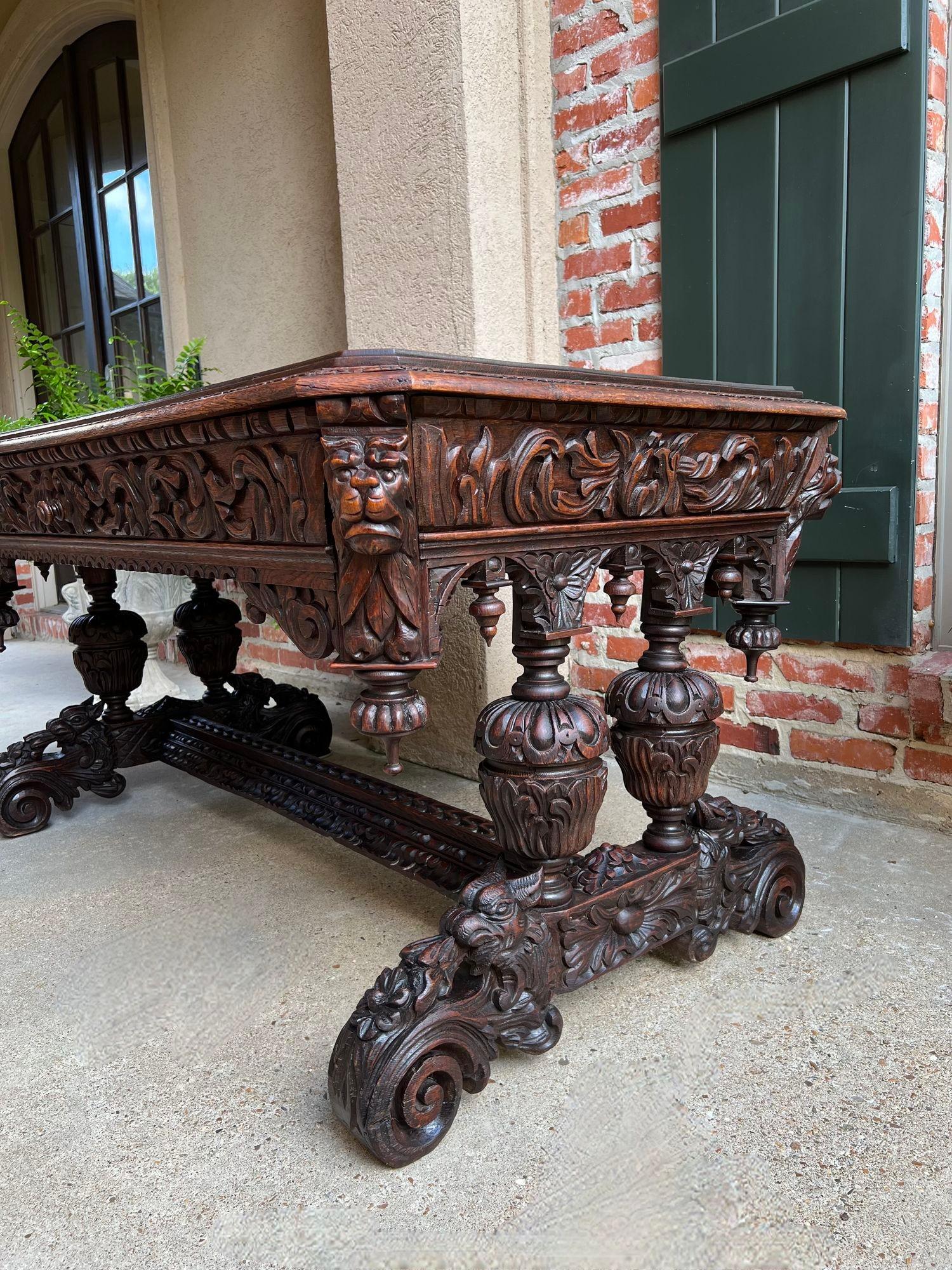 Antique French Library Table Desk Bureau Plat Renaissance Carved Oak Gothic 10