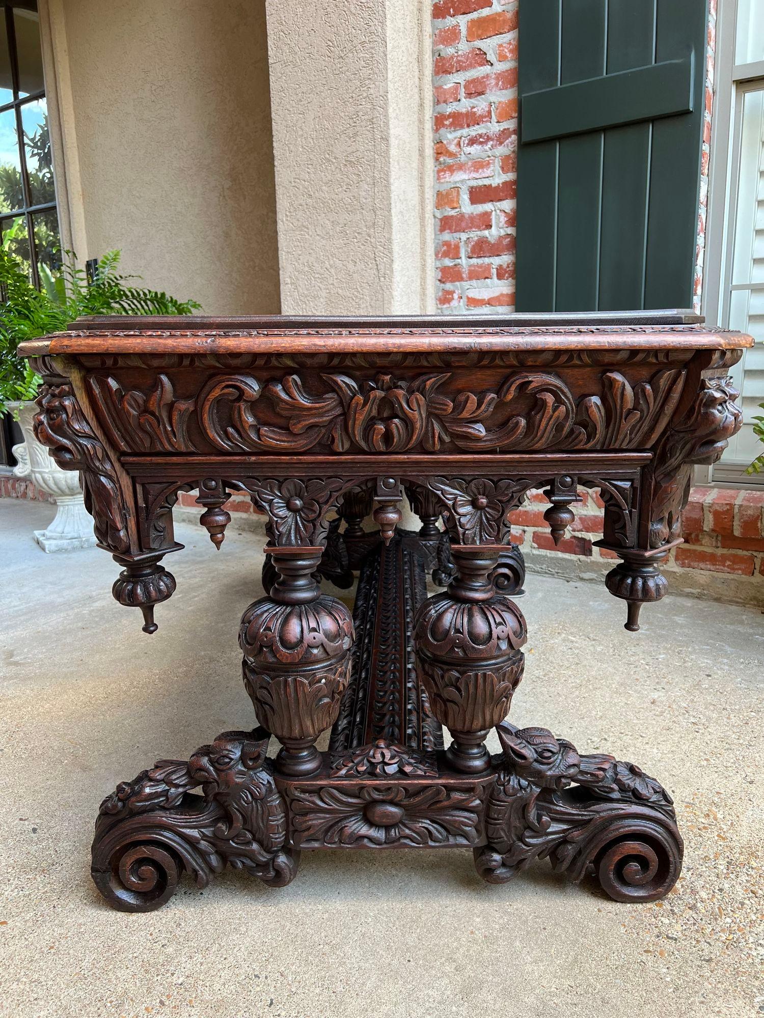 Antique French Library Table Desk Bureau Plat Renaissance Carved Oak Gothic 11