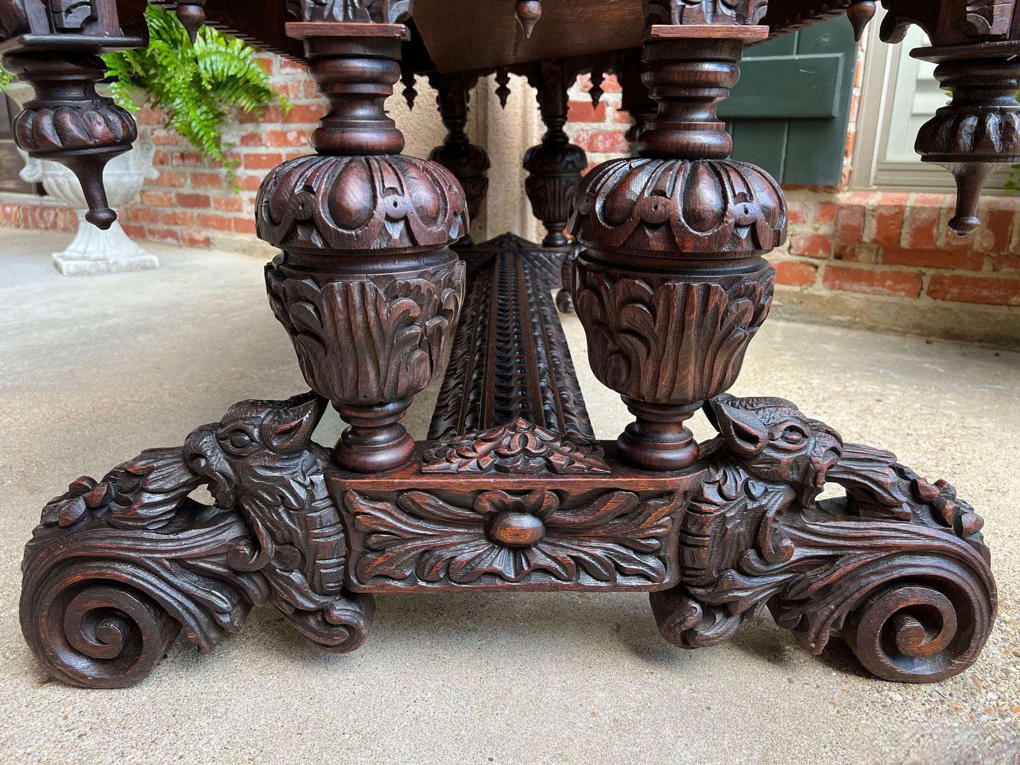 Antique French Library Table Desk Bureau Plat Renaissance Carved Oak Gothic 12