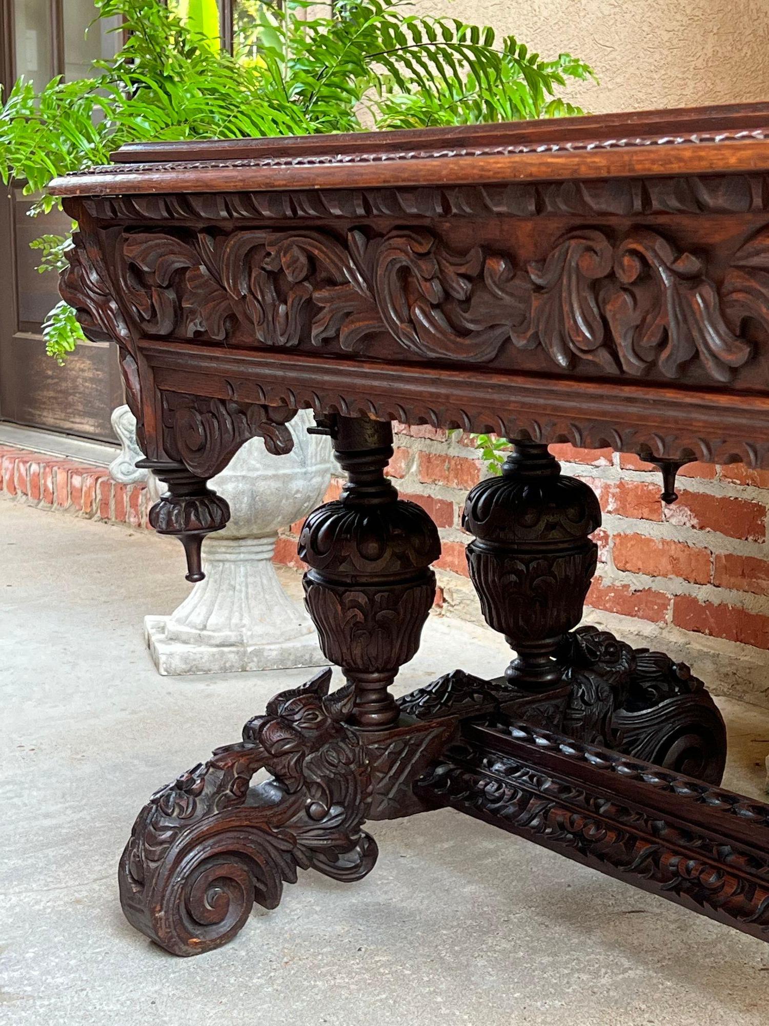 Antique French Library Table Desk Bureau Plat Renaissance Carved Oak Gothic 13