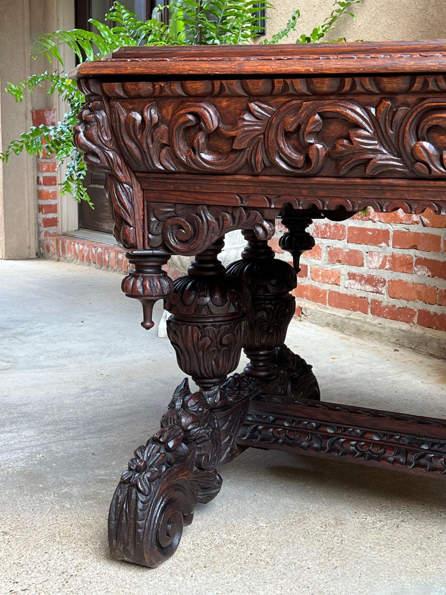 Antique French Library Table Desk Bureau Plat Renaissance Carved Oak Gothic 14