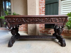 Antique French Library Table Desk Bureau Plat Renaissance Carved Oak Gothic