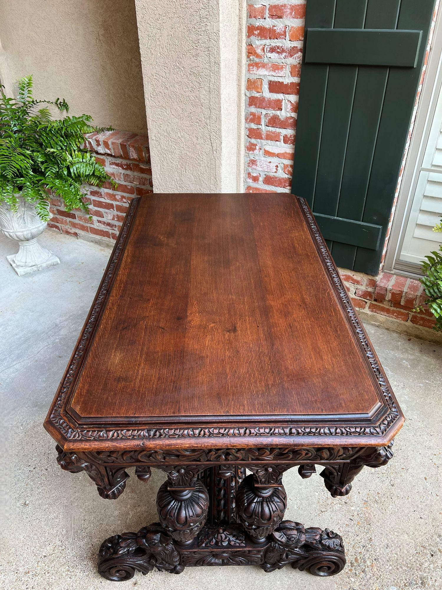 Antique French Library Table Desk Bureau Plat Renaissance Carved Oak Gothic 15