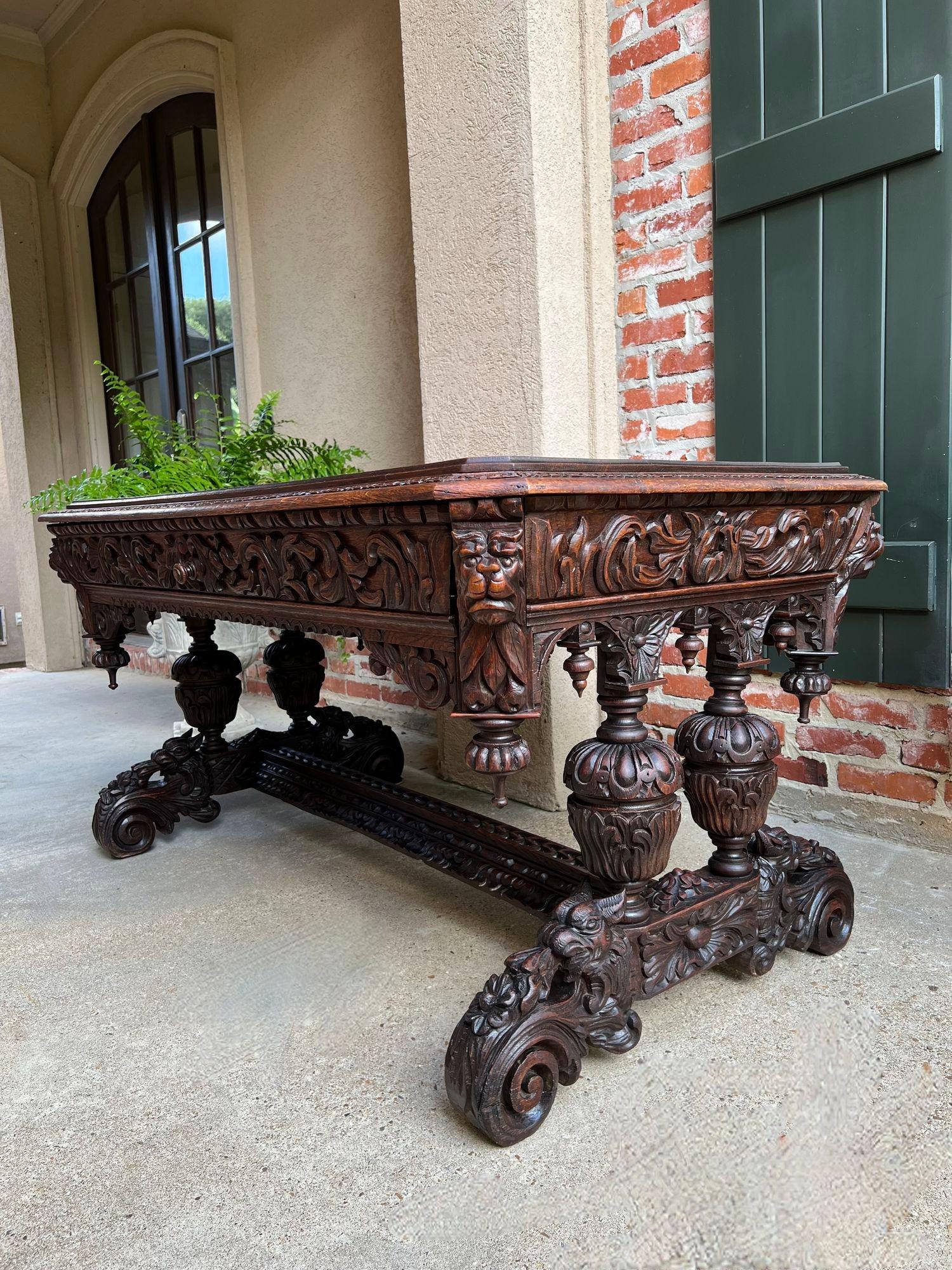 Hand-Carved Antique French Library Table Desk Bureau Plat Renaissance Carved Oak Gothic