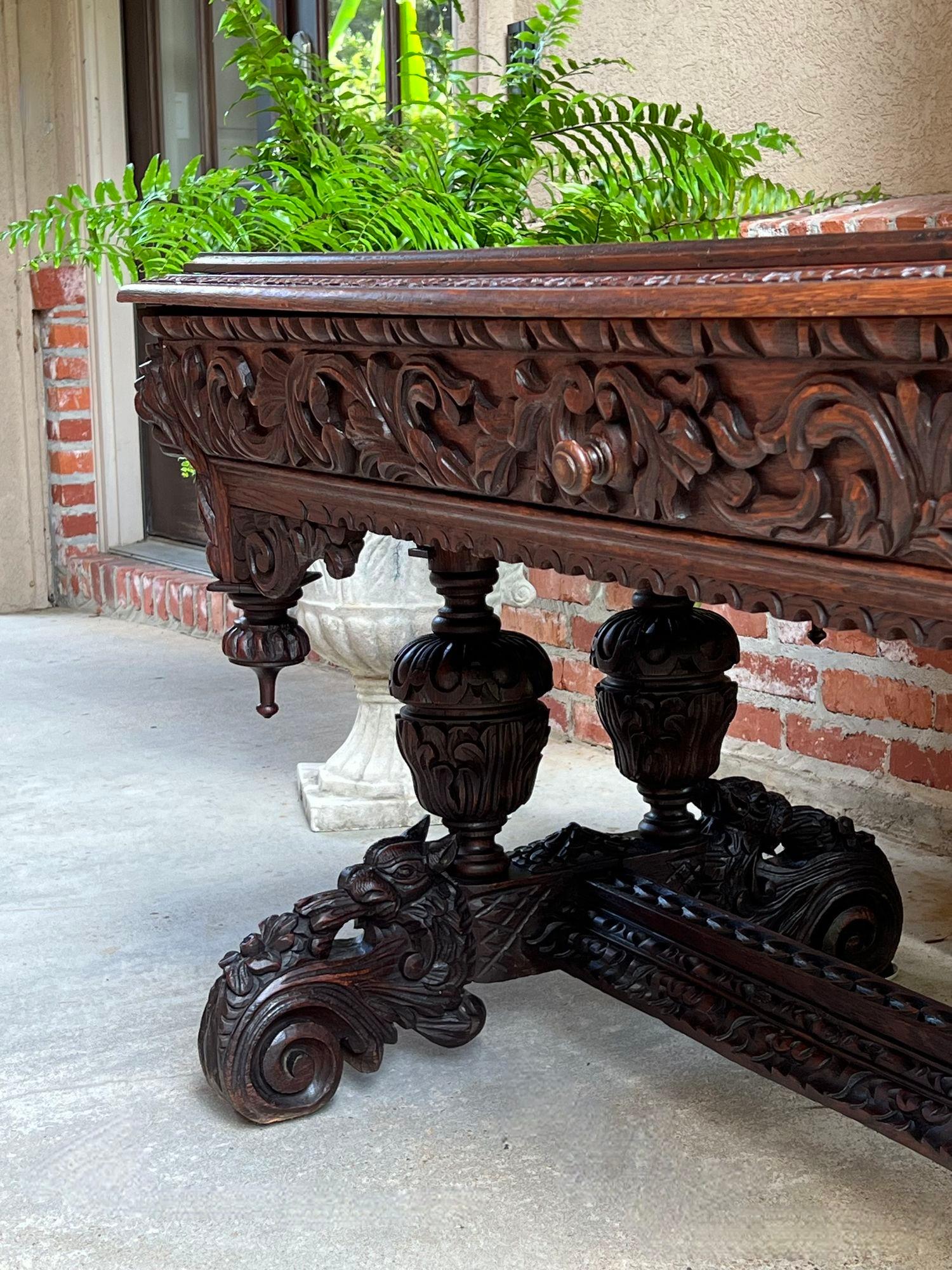 Antique French Library Table Desk Bureau Plat Renaissance Carved Oak Gothic In Good Condition In Shreveport, LA