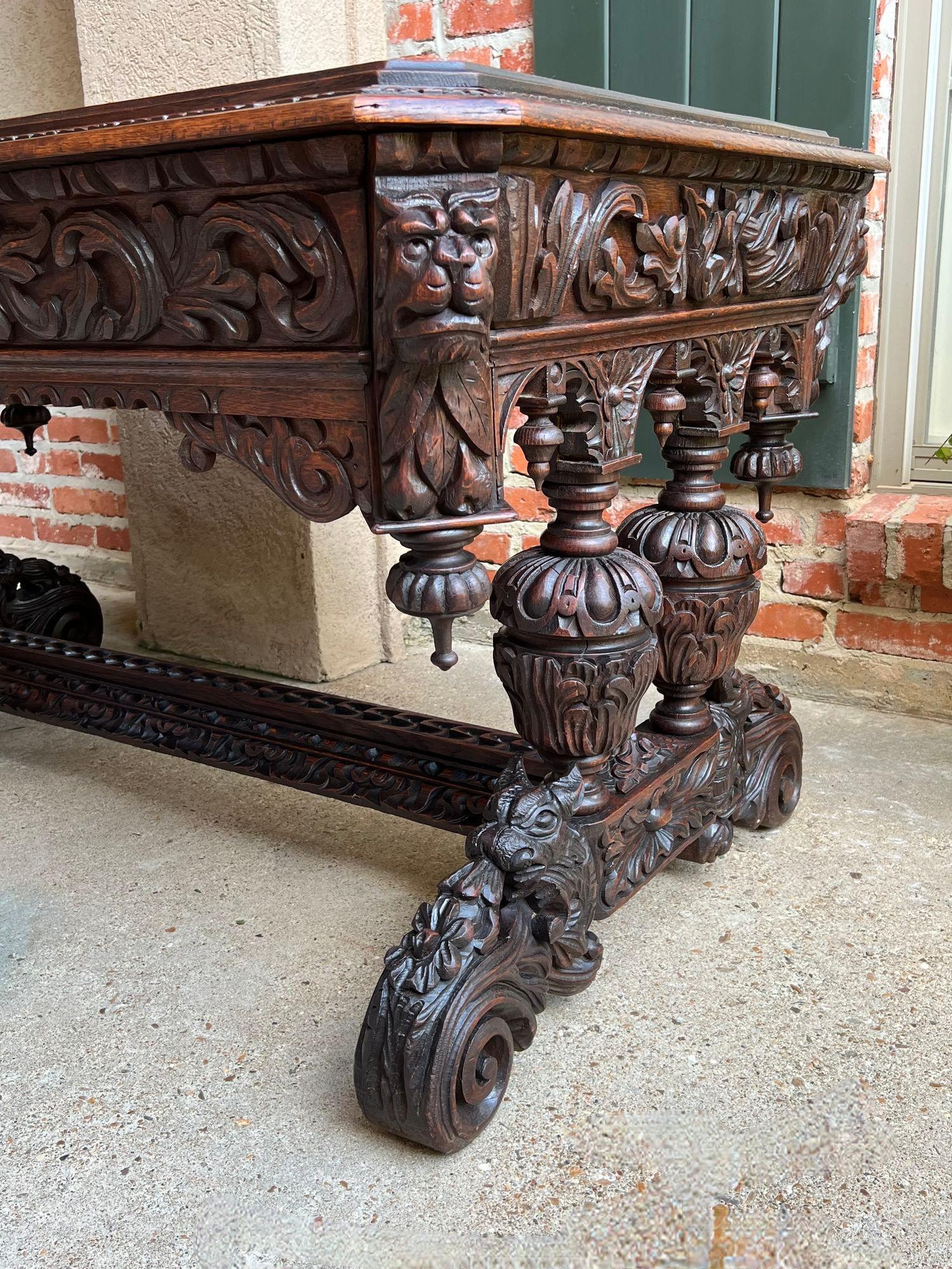 19th Century Antique French Library Table Desk Bureau Plat Renaissance Carved Oak Gothic