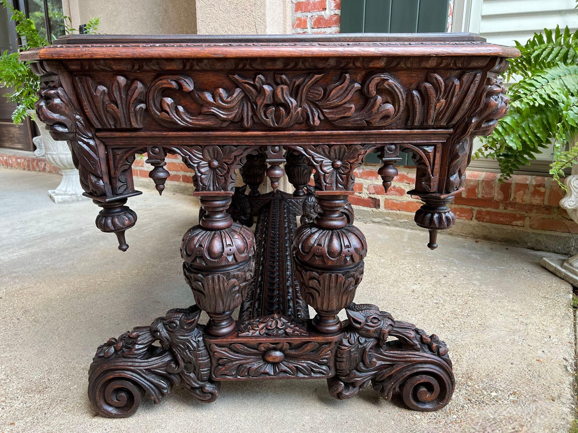 Antique French Library Table Desk Bureau Plat Renaissance Carved Oak Gothic 1