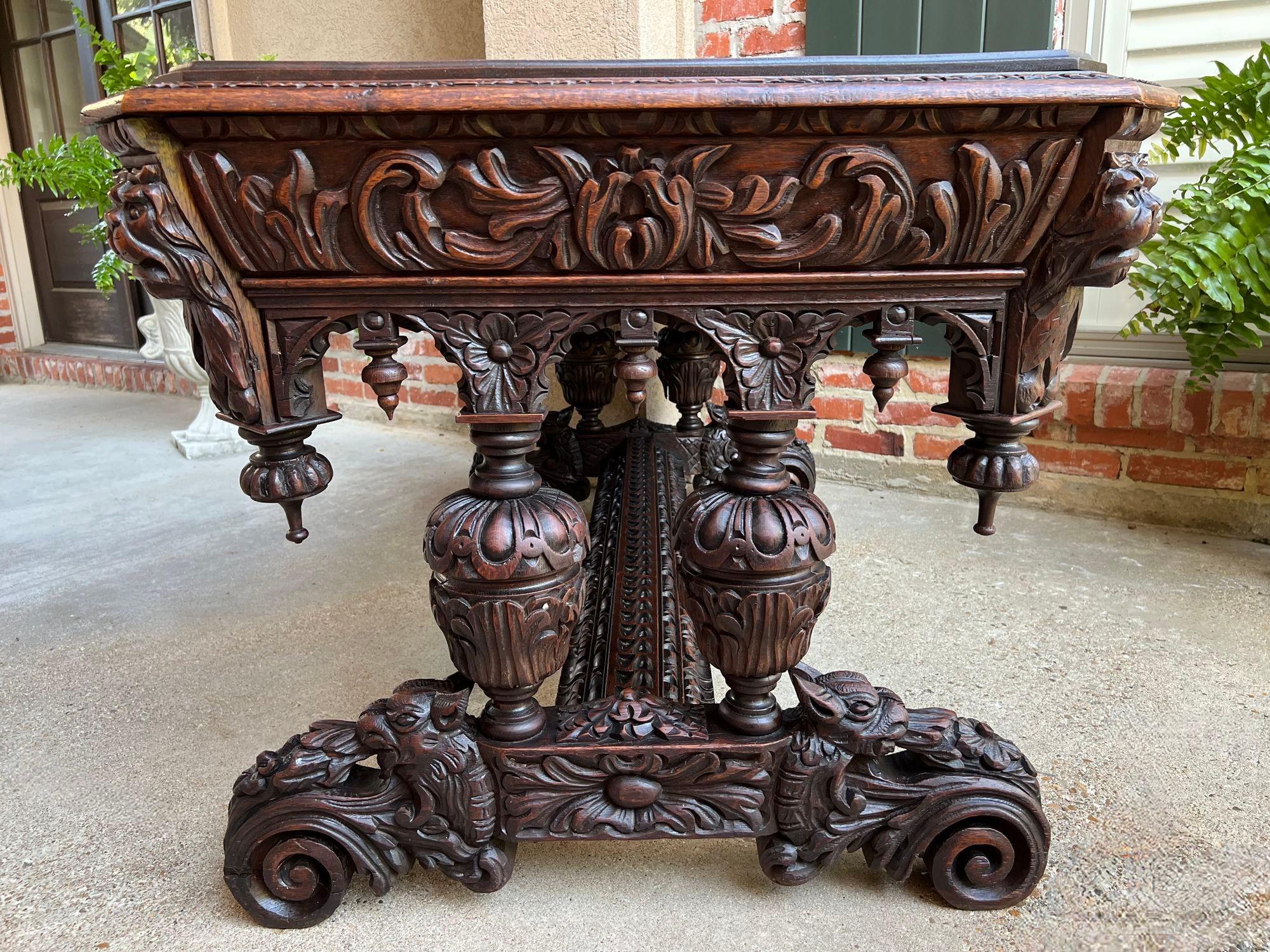 Antique French Library Table Desk Bureau Plat Renaissance Carved Oak Gothic 2