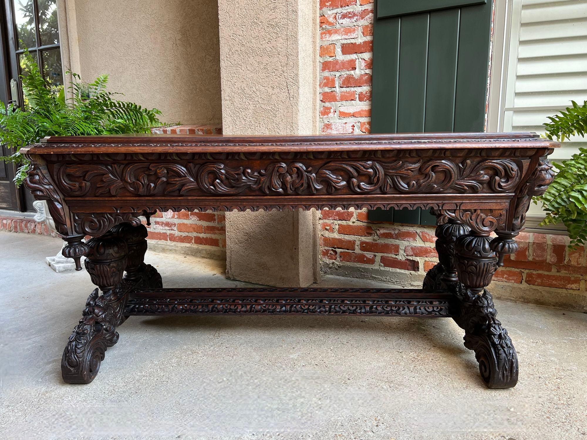 Antique French Library Table Desk Bureau Plat Renaissance Carved Oak Gothic 4
