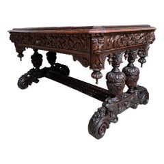 Antique French Library Table Desk Bureau Plat Renaissance Carved Oak Gothic