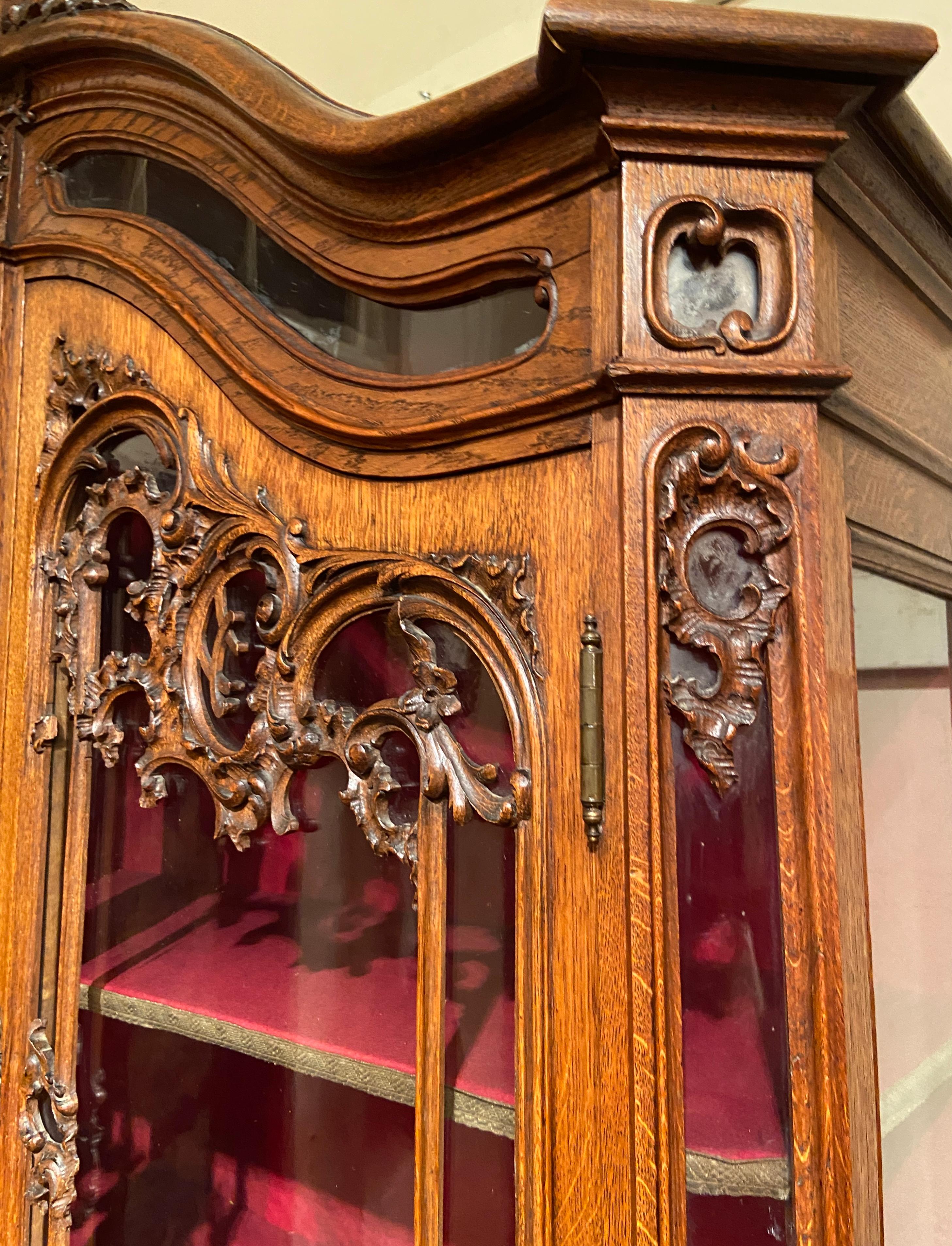 Antique French Liégeoise Carved Cabinet with Glass Front Doors, Circa 1860-1880 For Sale 1