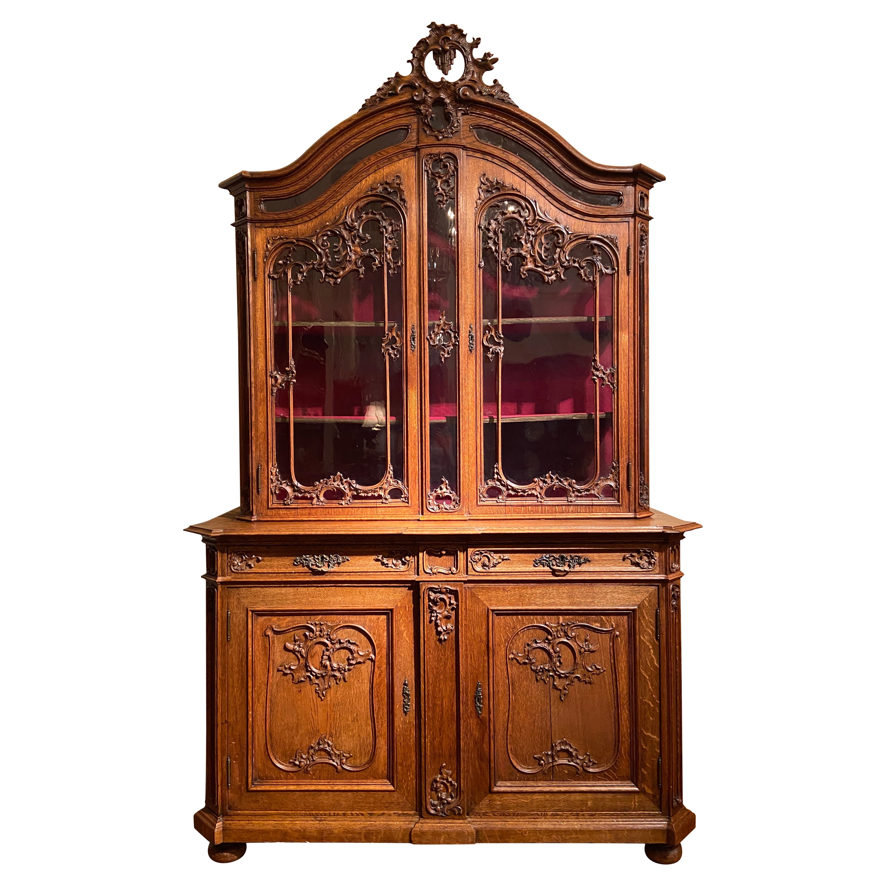 Antique French Liégeoise Cabinet Carved with Glass Front Doors, Circa 1860-1880