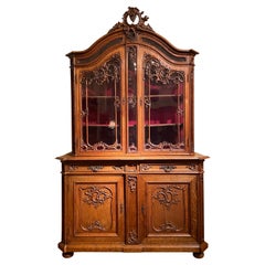 Antiker französischer geschnitzter Schrank der Ligeoise mit Glasfronttüren, um 1860-1880