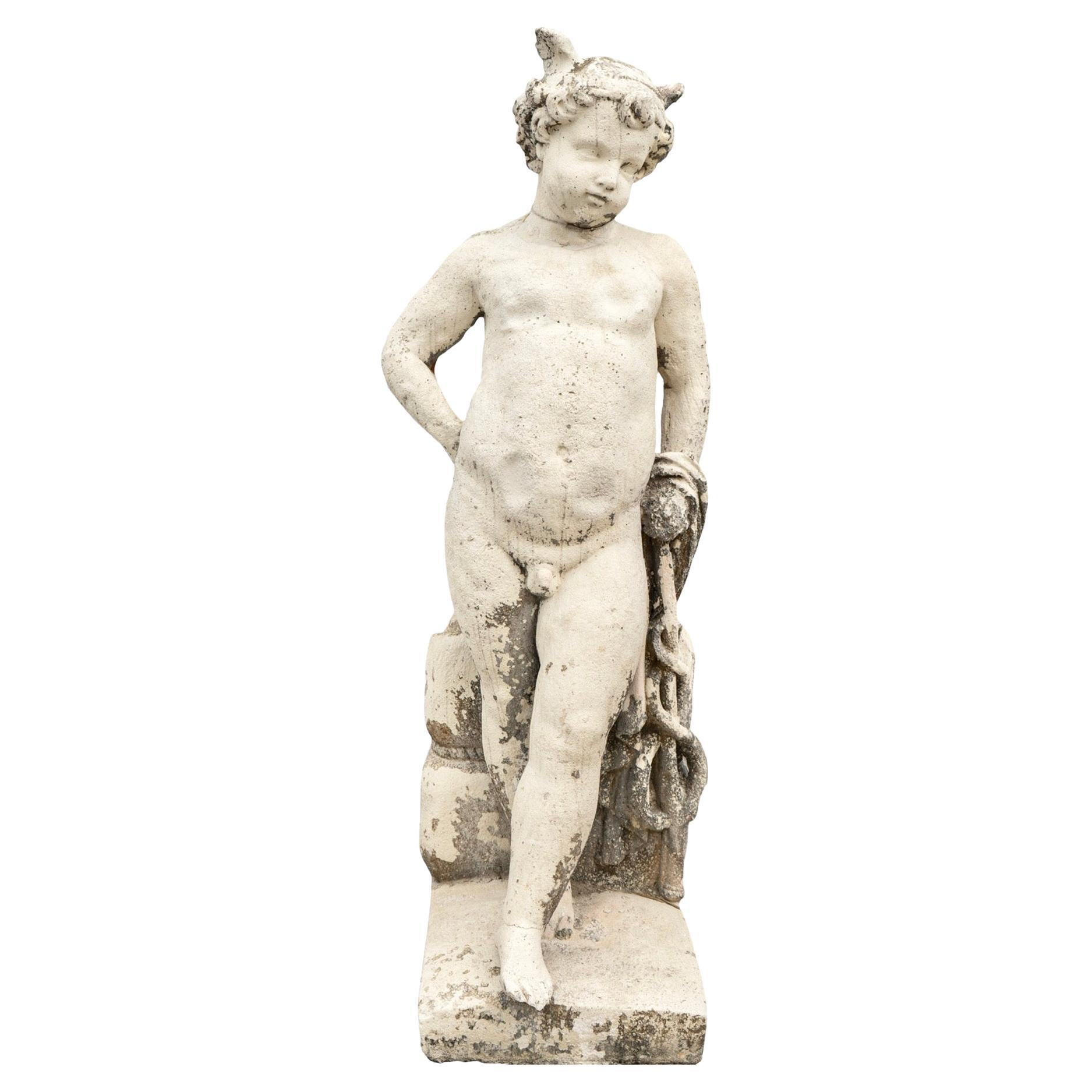 Sculpture française ancienne de chérubin sculptée en pierre calcaire