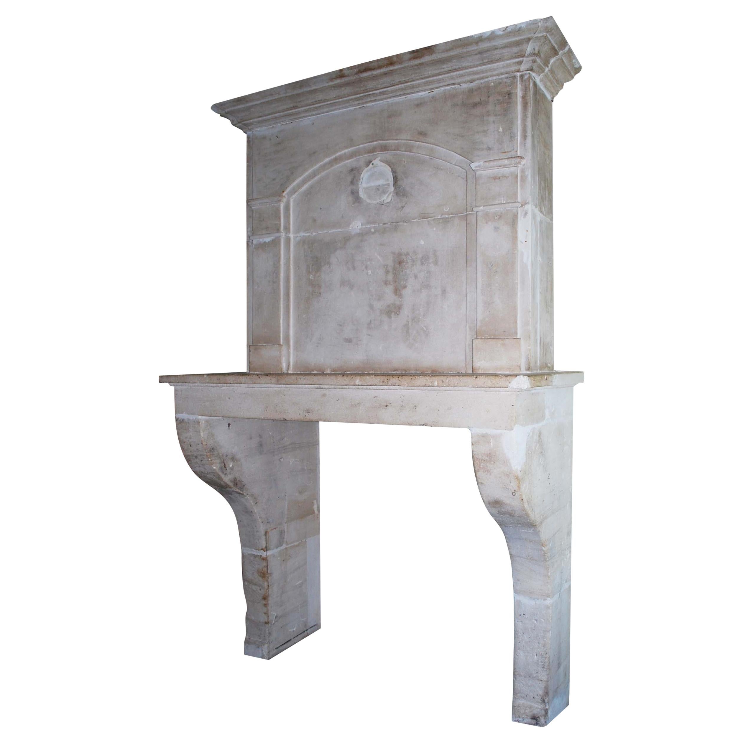 Antique French Limestone Fireplace or Mantelpiece with Overmantel or Trumeau For Sale