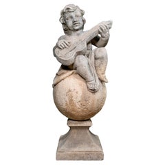 Antique French Escultura Putti de Piedra Caliza