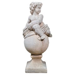 Antique French Escultura Putti de Piedra Caliza