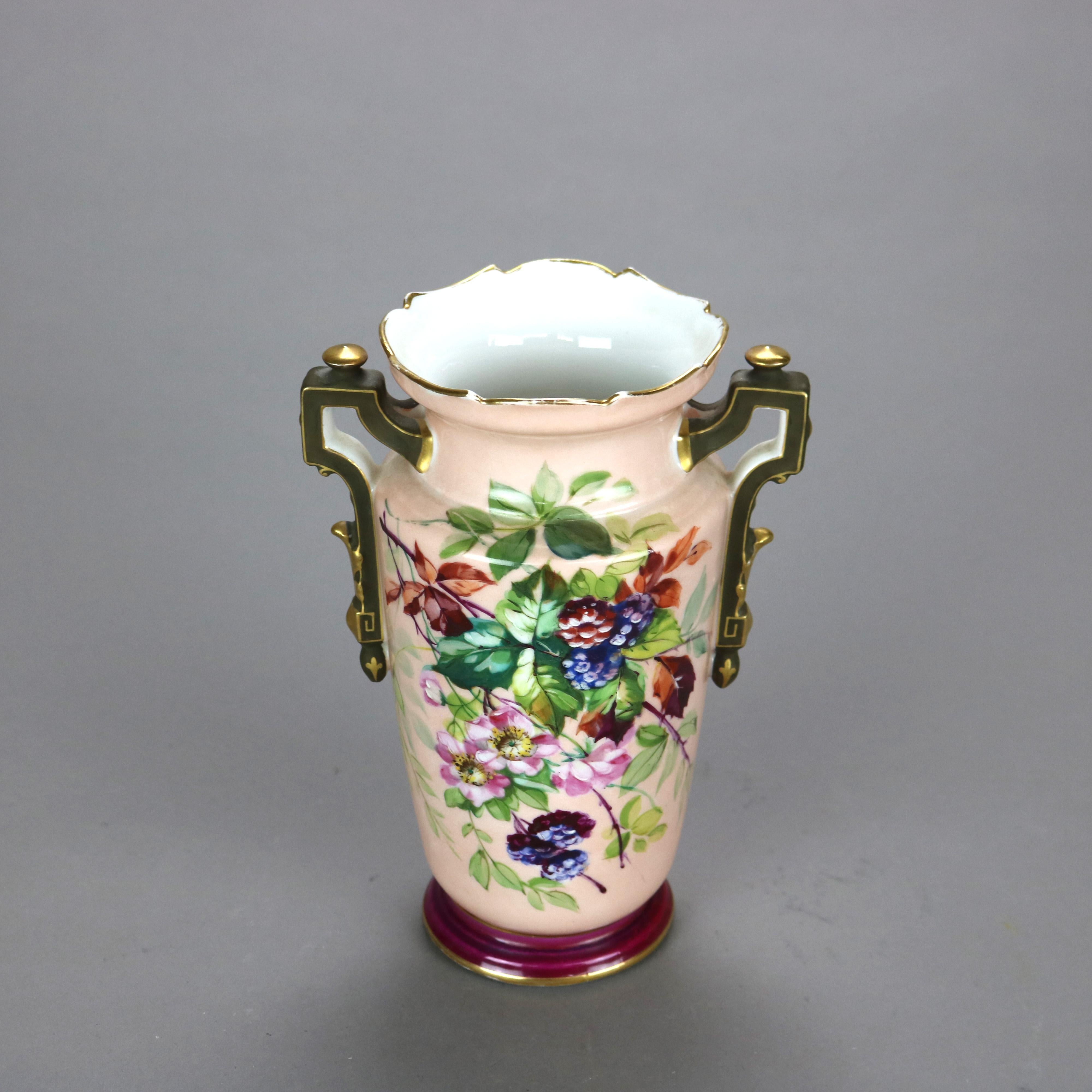 Antique French Limoges Aesthetic Movement Ball & Potter Hand Painted Floral & Gilt  Double Handled Porcelain Vase with Blackberries c1890

Measures - 9