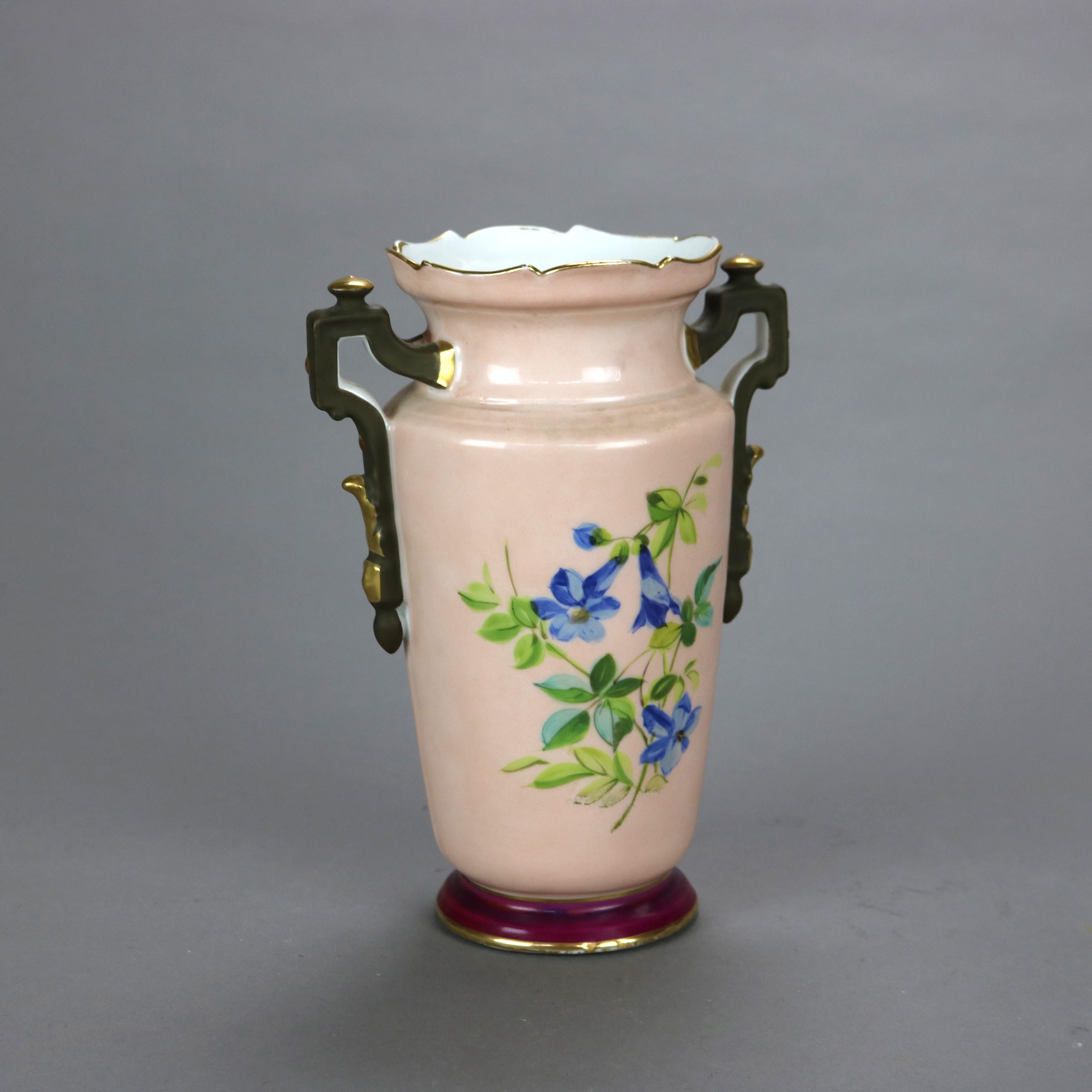 19th Century Antique French Limoges Ball & Potter Hand Painted Floral & Gilt  Porcelain Vase For Sale