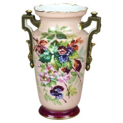 Antique French Limoges Ball and Potter Pintado a Mano Floral y Dorado  Jarrón de porcelana