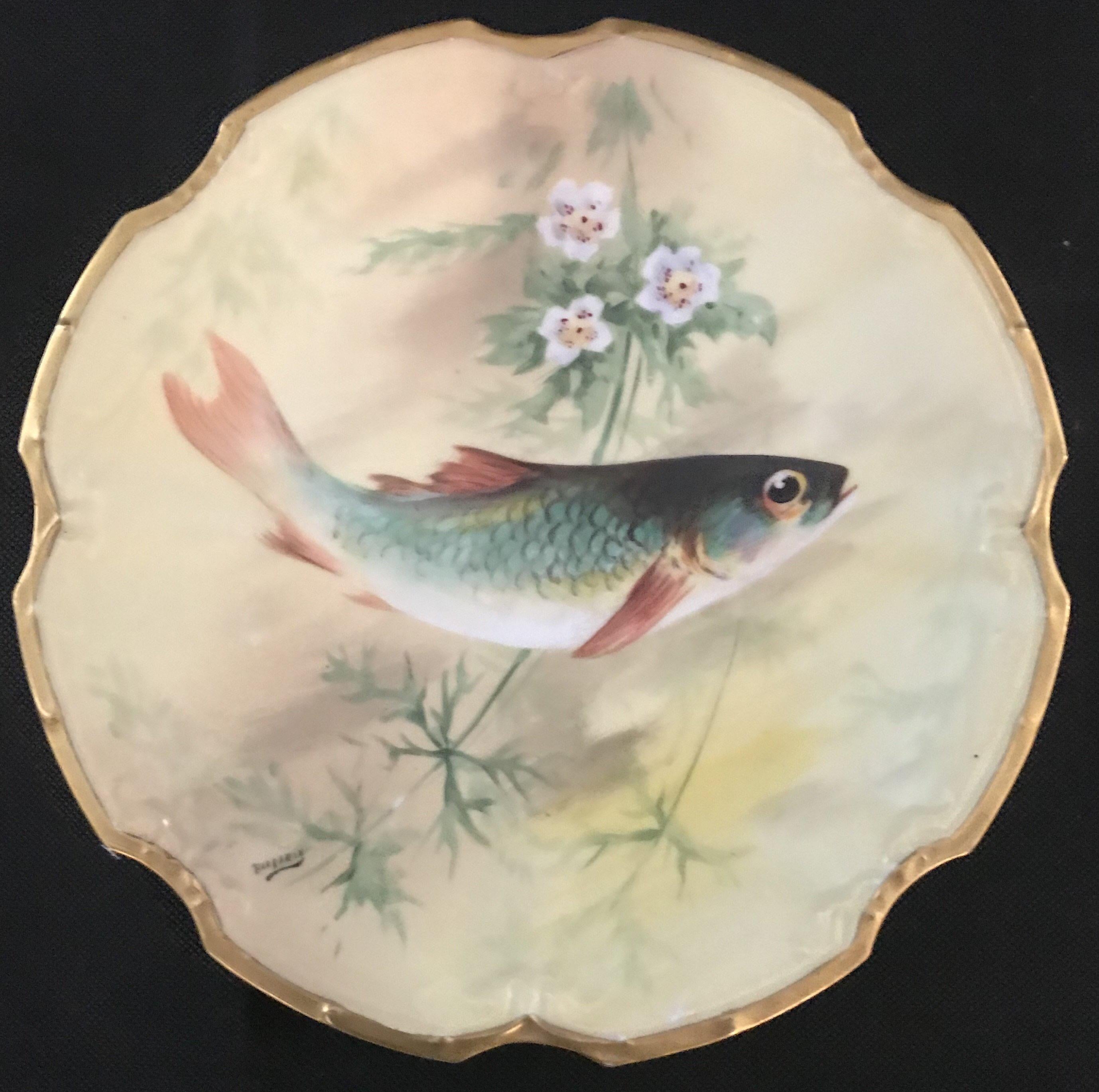 Porcelain Antique French Limoges Bonet Fish Platter and 5 Plates