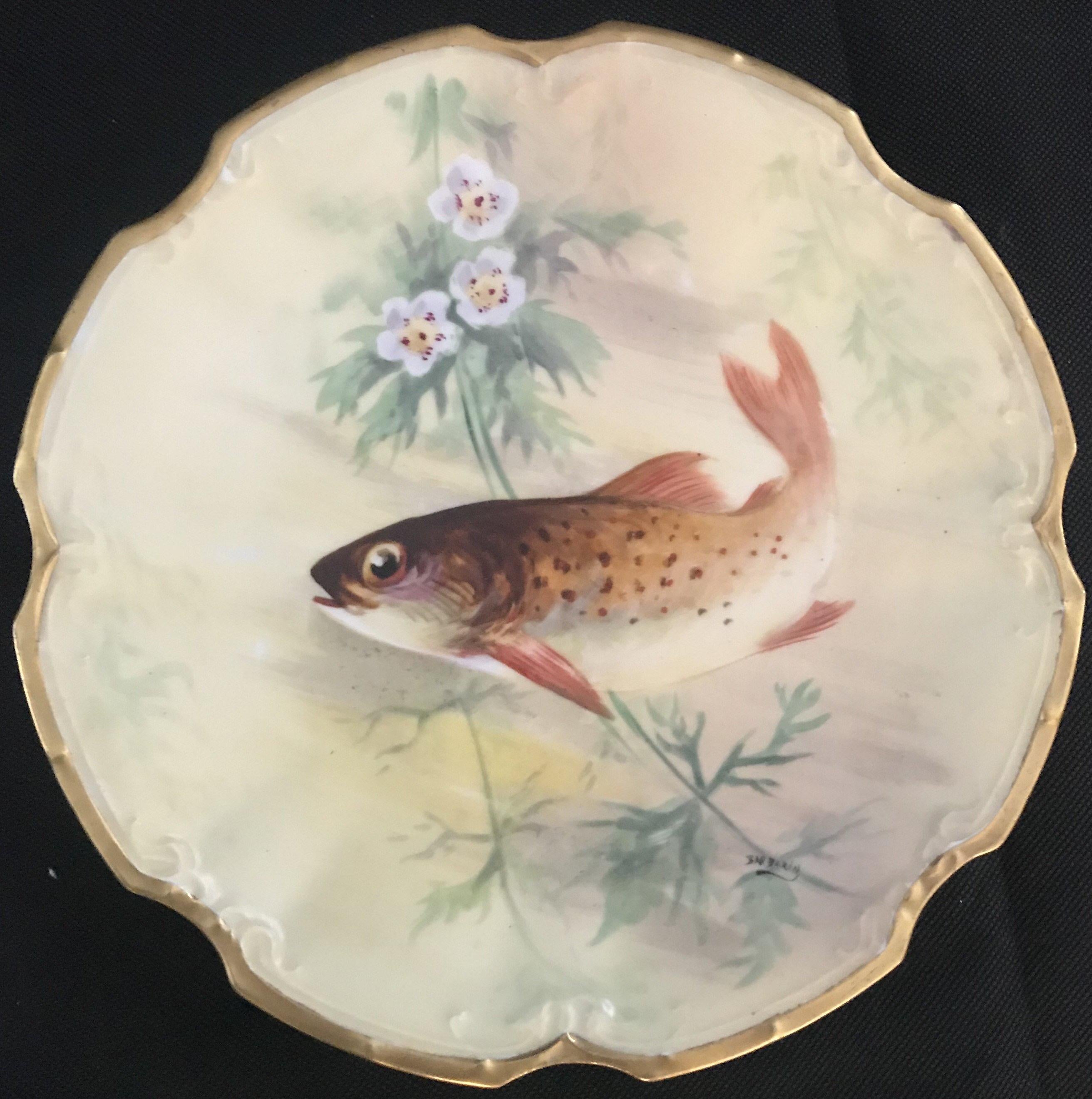 Antique French Limoges Bonet Fish Platter and 5 Plates 3