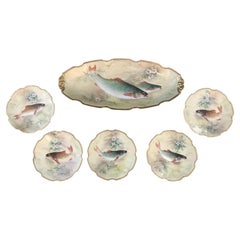 Vintage French Limoges Bonet Fish Platter and 5 Plates