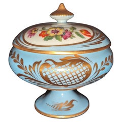 Antique French Limoges Celestial Blue Gold Gilded & Floral Footed Lidded Bowl
