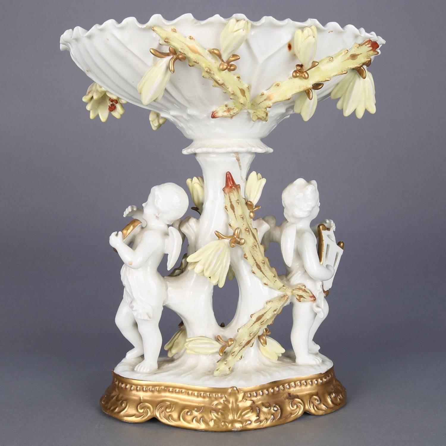 19th Century Antique French Limoges Classical Meissen School Figural Gilt Cherub Compote