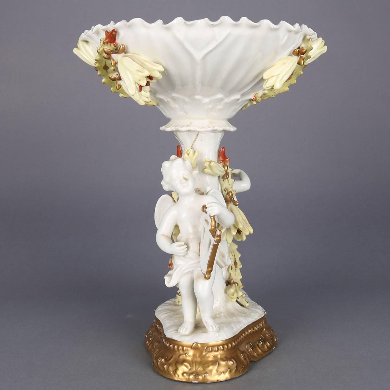 Porcelain Antique French Limoges Classical Meissen School Figural Gilt Cherub Compote