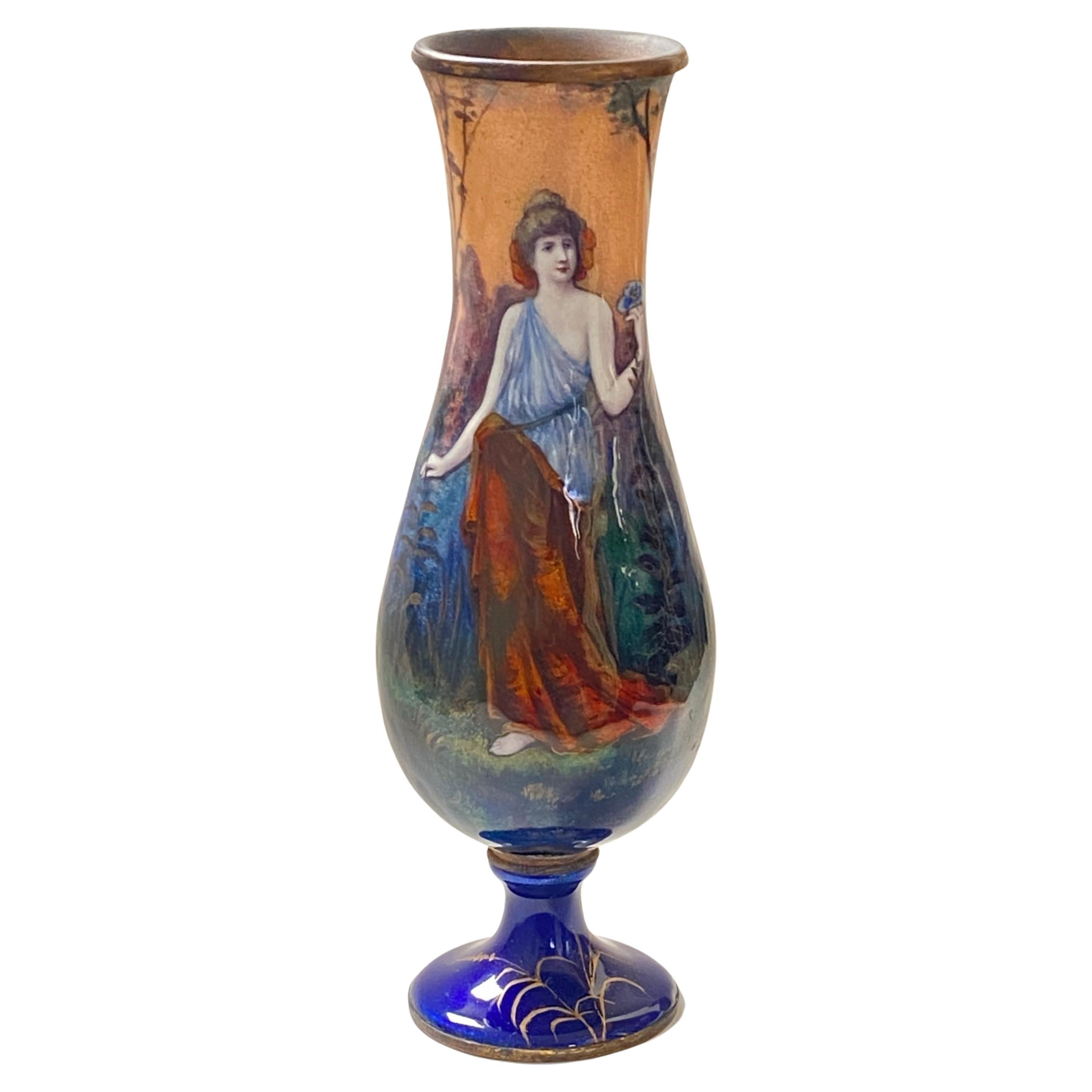 Antique French Limoges Enamel on Copper Portrait Vase, 19th Century For Sale