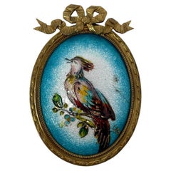 Antique French Limoges Enameled Porcelain Bird in an Ormolu Frame, Circa 1910.