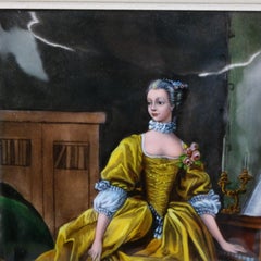 Antique French Limoges Enameled Porcelain Portrait of Dame Au Clavecin C1890