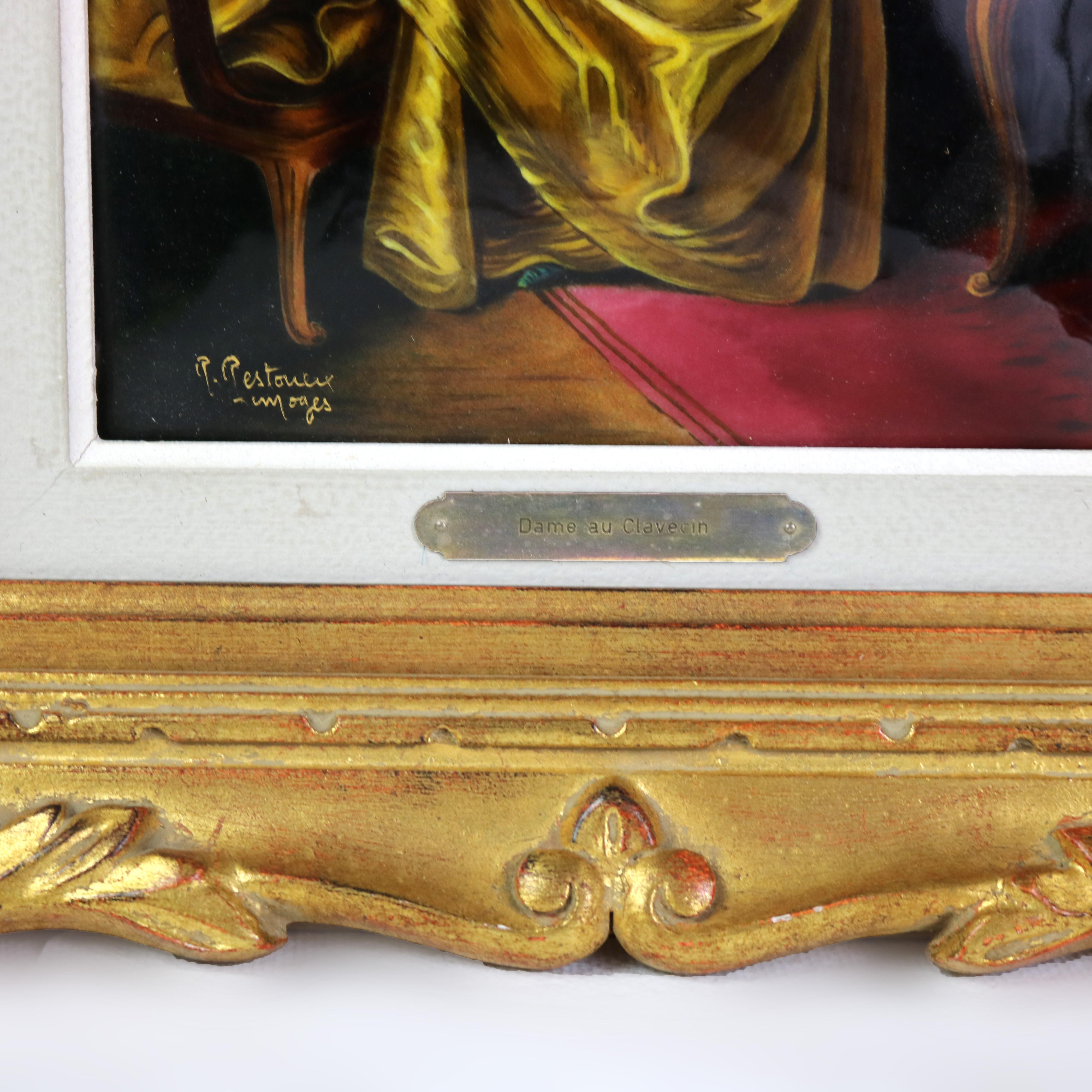 Antique French Limoges Enameled Porcelain Portrait of Dame Au Clavecin C1890 In Good Condition In Big Flats, NY