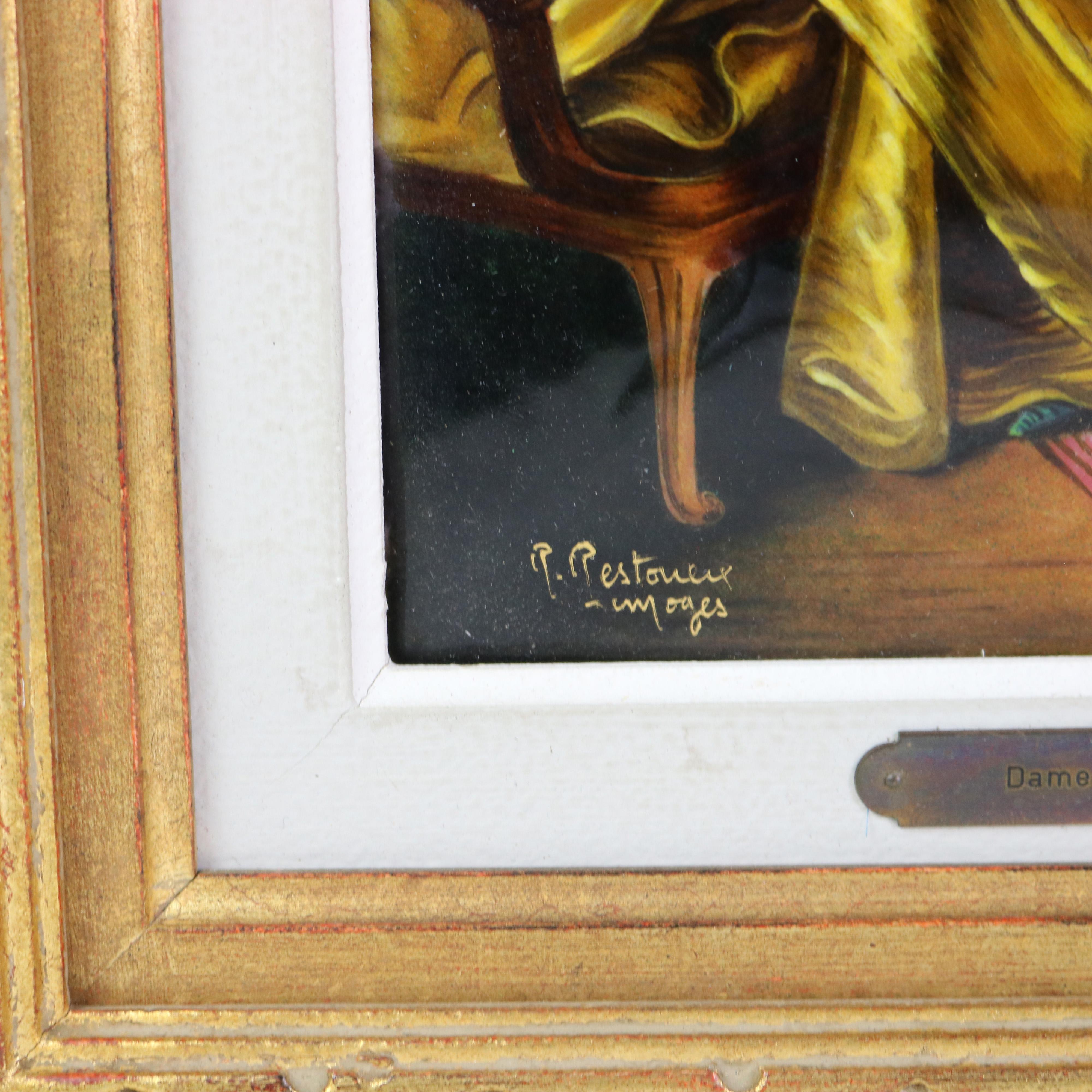 Antique French Limoges Enameled Porcelain Portrait of Dame Au Clavecin C1890 4