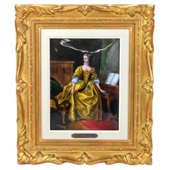 Antique French Limoges Enameled Porcelain Portrait of Dame Au Clavecin C1890
