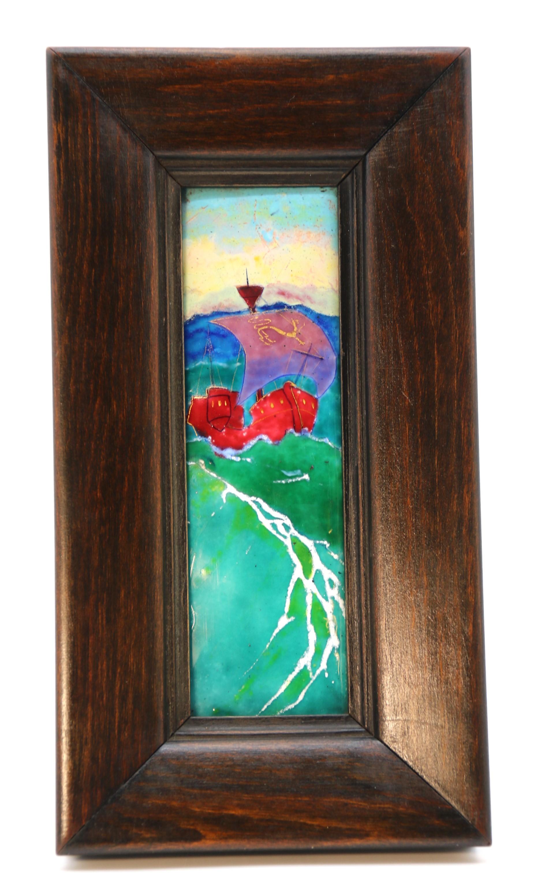 This superb and vibrantly coloured Limoges plaque is beautifully enamelled onto a convex surface with a Viking ship at full sail in a choppy sea. This stylish piece of wall art is decorated and hand painted in high fired glass enamel onto a copper