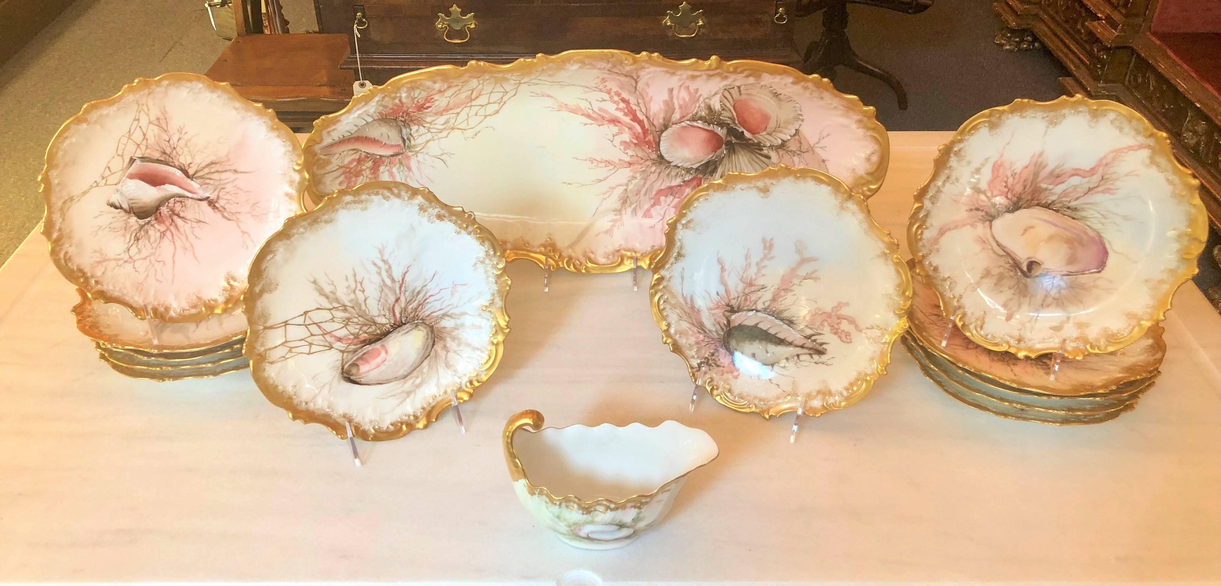 Antique French Limoges Fish Set with Platter, 12 Plates and Gravy Boat In Excellent Condition In New Orleans, LA