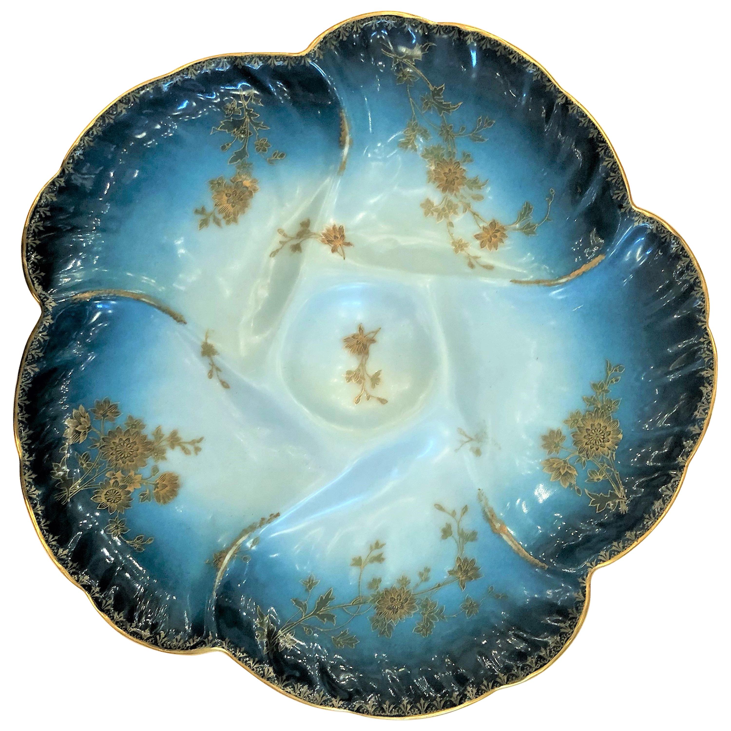 Antique French Limoges Hand-Painted Oyster Plate Signed "CFH / GDM, " circa 1890
