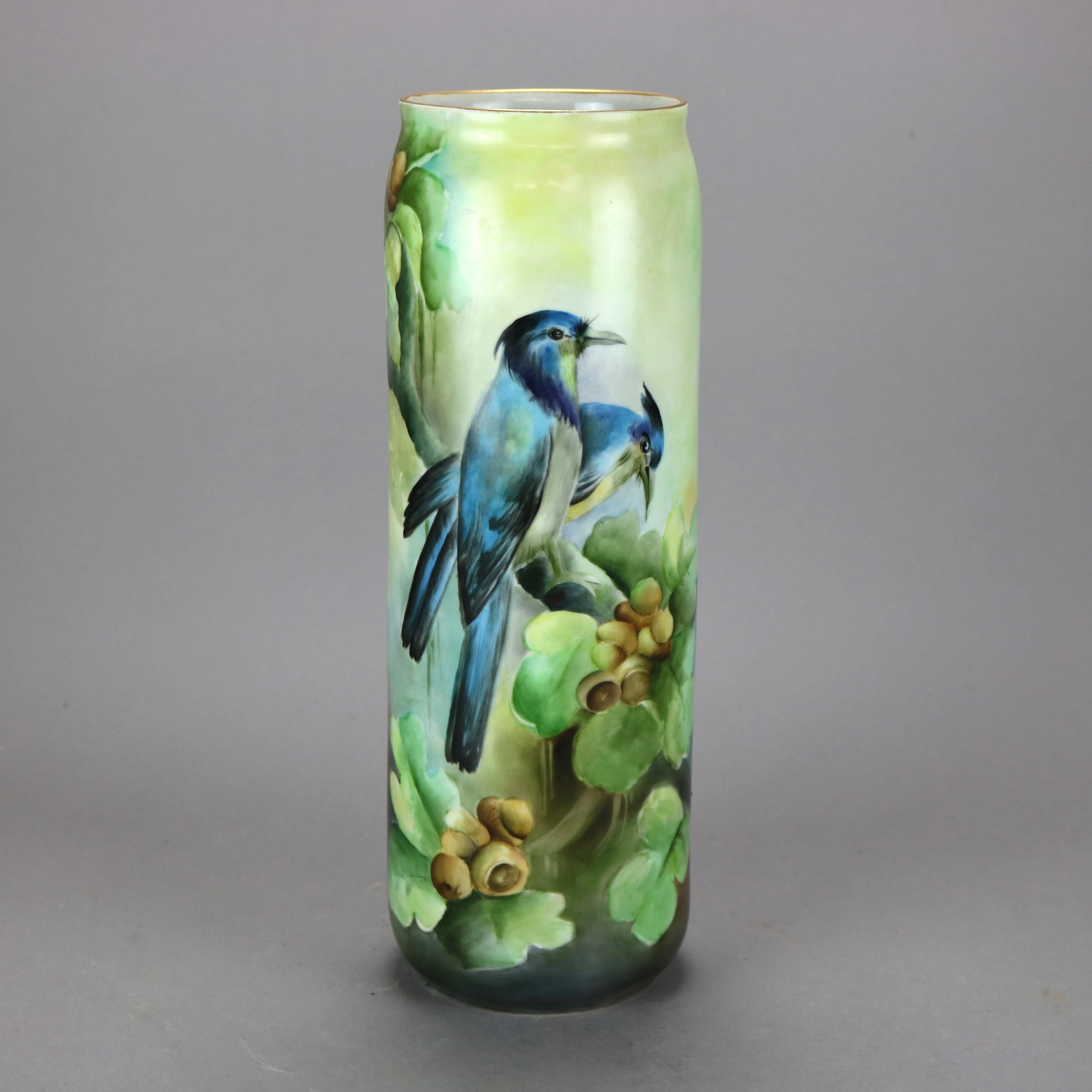 Hand-Painted Antique French Limoges Hand Painted Porcelain Floral & Bird Cylinder Vase, c1900