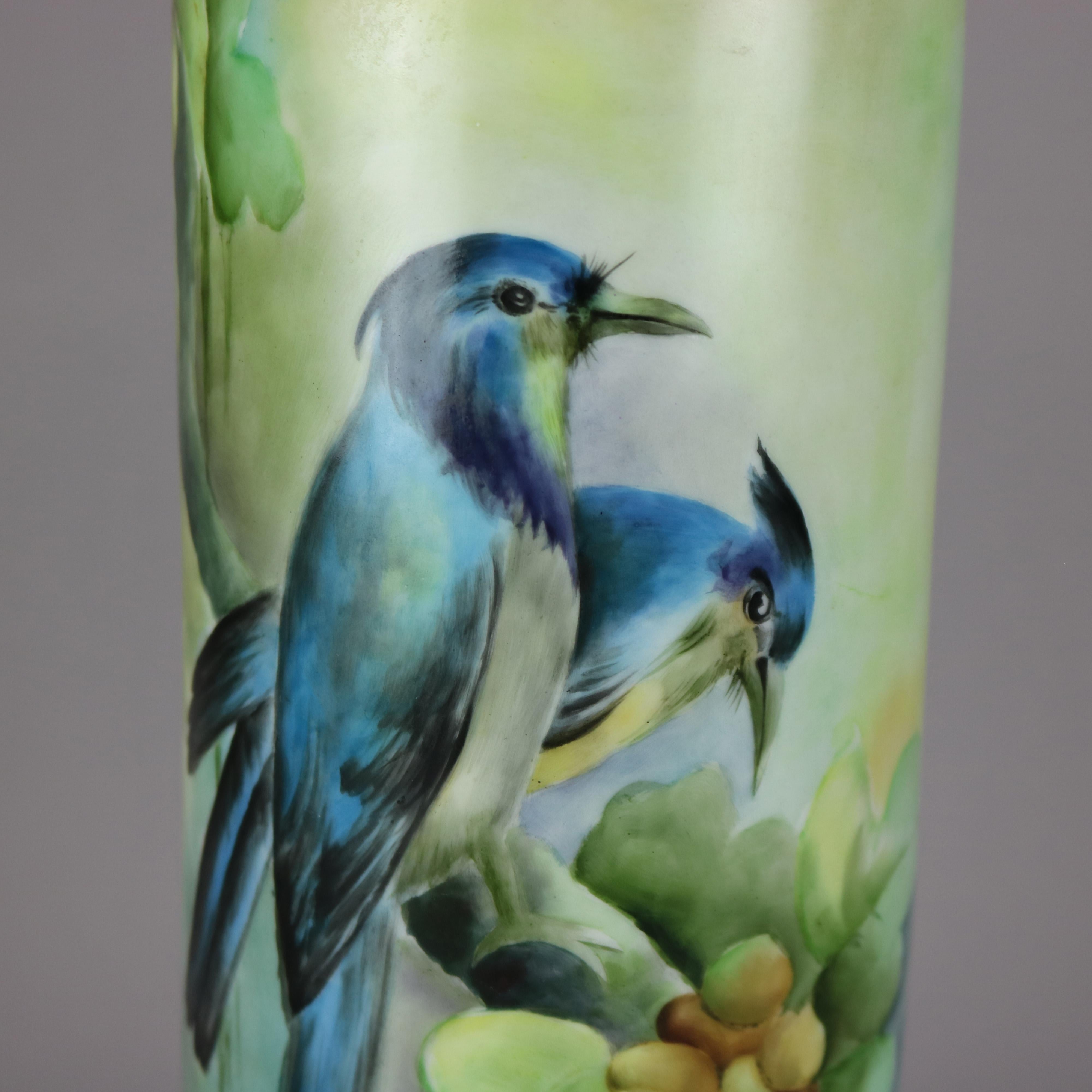Antique French Limoges Hand Painted Porcelain Floral & Bird Cylinder Vase, c1900 In Good Condition In Big Flats, NY